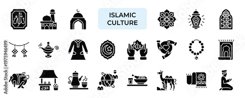 Islamic Culture Icon set Collection in Solid Glyph Style. religion, arabic, mosque, lantern, muslim, pray