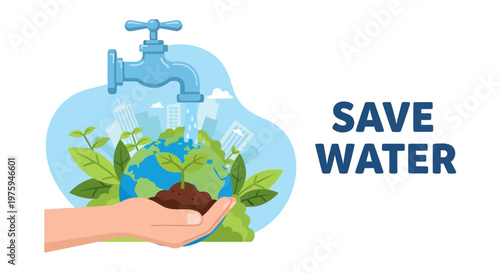 Flat design illustration of a hand holding the earth with leaves and soil under a water faucet with a save water message.