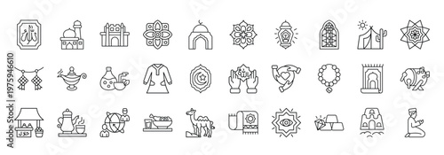 Islamic Culture Icon set Collection in Line Style. religion, arabic, mosque, lantern, muslim, pray