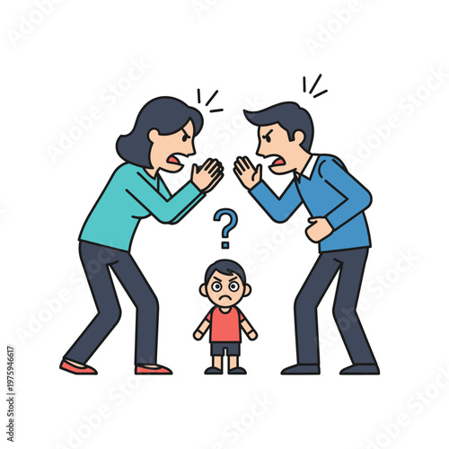 Parents Arguing, Child Confused, Family Conflict, Domestic Dispute Illustration