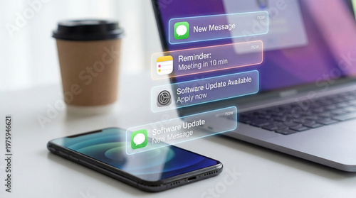 Smartphone laptop and coffee cup on a desk with software update notifications