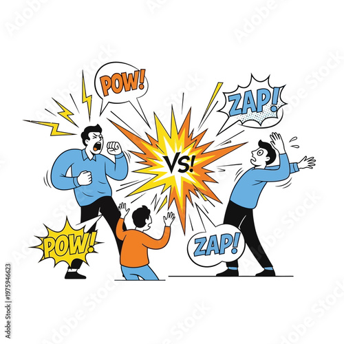 Men Fighting, Comic Book Style, Vs. Battle, Conflict, Aggression, Pow, Zap!