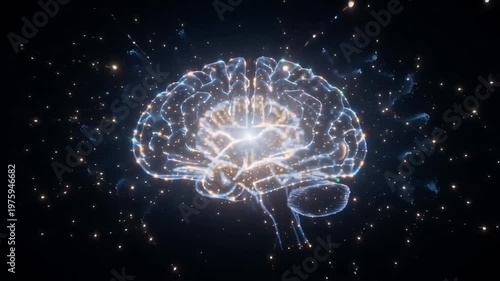Luminous brain network glowing with energy and interconnectedness amidst cosmic particles.