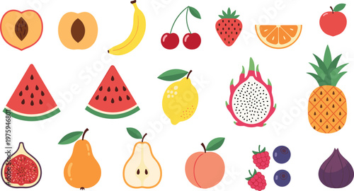 Colorful Fruit Vector Illustration Set Featuring Watermelon, Pineapple, Banana, Strawberry, Dragon Fruit, Fig and Fresh Organic Food Collection Design.