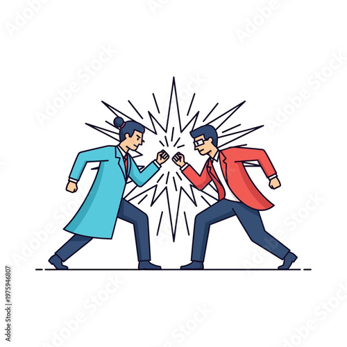 Two businessmen in confrontation, clashing fists in rivalry, competition concept