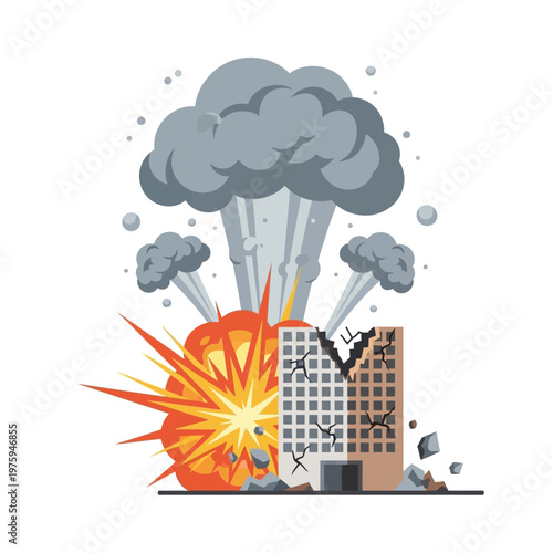 Building Explosion Aftermath: Debris, Smoke, and Destruction - Vector Illustration