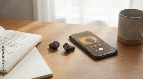 Smartphone and earbuds on wooden table beside open notebook and mug