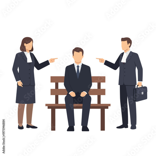 Two lawyers pointing at a man sitting on a bench, accusation, blame, legal dispute concept