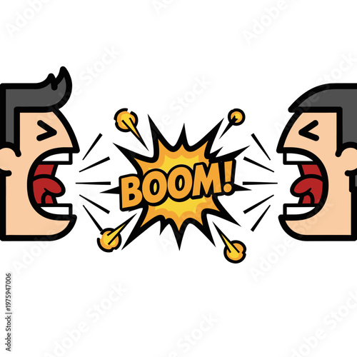 Two men arguing, yelling "BOOM!" in a comic book style illustration
