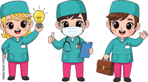 Cute Cartoon Medical Staff Vector Illustration Featuring Doctors and Nurses Characters with Healthcare Tools, Ideas Concept and Professional Service Design.