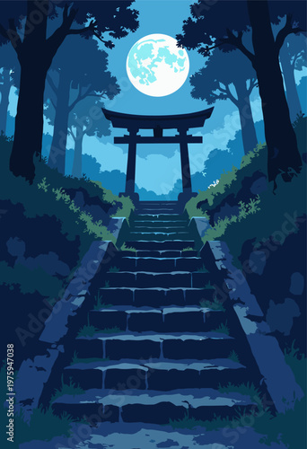 flat illustration set steep, worn stone stairs leading up to unseen shrine, framed dark trees soft, glowing blue moon shines very top stairs Ghibliesque mystery No text