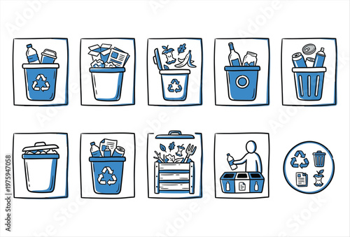 Hand Drawn Trash Sorting Icons – Recycling & Waste Separation Set