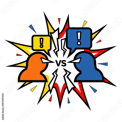 Two Opposing Silhouettes Facing Off With VS Symbol and Exclamation Speech Bubbles