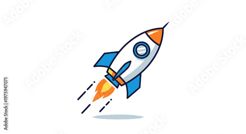 Cartoon rocket ship blasting off against a clean white background