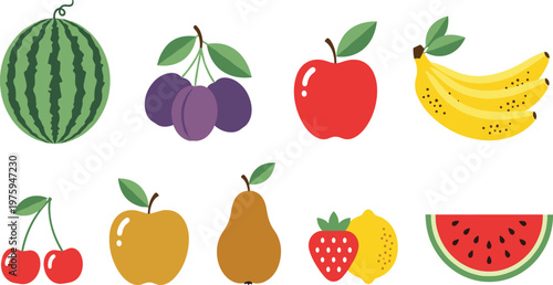 Simple Fruit Vector Illustration Set Featuring Watermelon, Banana, Apple, Plum, Pear, Strawberry and Fresh Organic Food Collection Design.