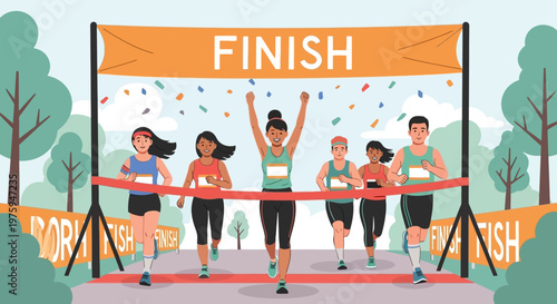 Illustration of diverse runners crossing finish line with arms raised in celebration on a sunny day