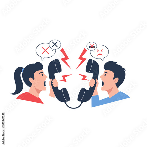 Angry couple arguing on phone calls, conflict, disagreement, communication breakdown