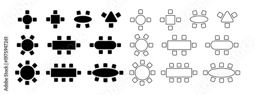 Set of seats icons and silhouettes in cafe or dining room. Schematic table and chair signs for floorplan. Simple furniture symbols. Top view of architectural seating plan. Vector graphic illustration