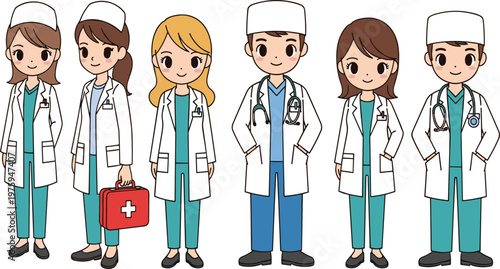 Cartoon Medical Staff Vector Illustration Set Featuring Doctors and Nurses in Uniform with Healthcare Professionals Character Collection Design.