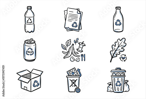 Hand Drawn Trash Sorting Icons – Recycling & Waste Separation Set