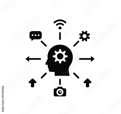 Human head silhouette with tech icons orbiting around, flat vector artwork symbolizing digital knowledge, connectivity, and technology-driven thinking for professional and educational visuals.