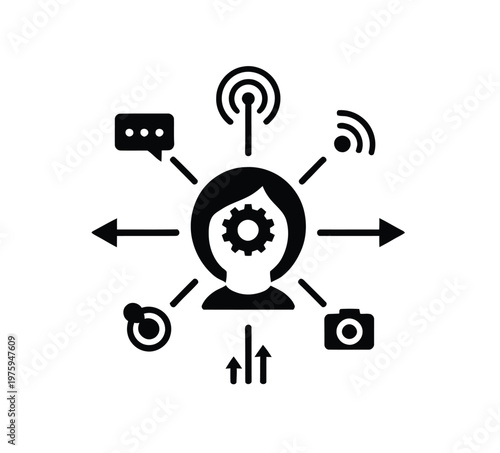 Person head with surrounding technology icons, vector illustration representing digital skills, tech mindset, innovation, and modern technology concepts for business, education, and IT projects.