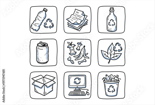 Hand Drawn Trash Sorting Icons – Recycling & Waste Separation Set