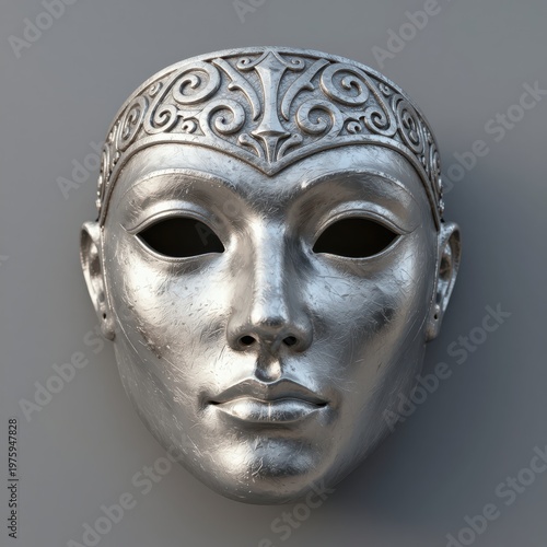 Silver Theatrical Mask with Ornate Headband, Isolated on Gray Background, Suitable for Art, Drama, Performance, or Cultural Design Projects.