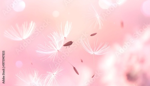 Dandelion seeds drift in a dreamy pink sky with soft light and a blurred floral backdrop