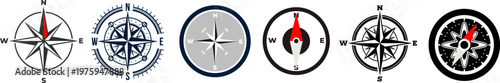 Compass icon with basic compass rose logo collection. Navigational compass symbols showing cardinal directions. Vector icons isolated on white background for maps, travel, navigation themes set.