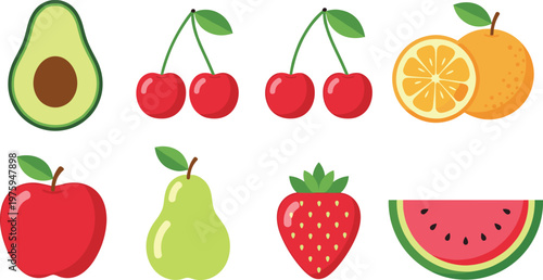 Simple Fruit Vector Illustration Set Featuring Apple, Pear, Orange, Strawberry, Cherry, Watermelon and Fresh Organic Food Collection Design.