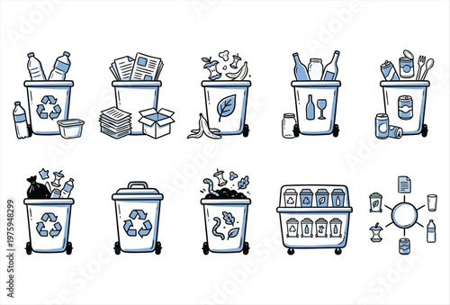 Hand Drawn Trash Sorting Icons – Recycling & Waste Separation Set