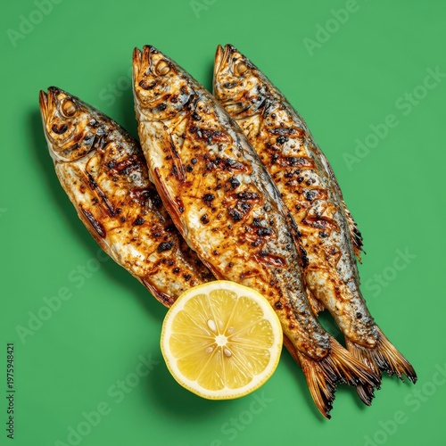 Three Grilled Mackerel Fish with Charred Seasoning and a Lemon Slice Arranged Diagonally on a Solid Green Background for Food Photography