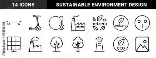 Sustainable energy and eco friendly outline icons for carbon footprint and environment projects