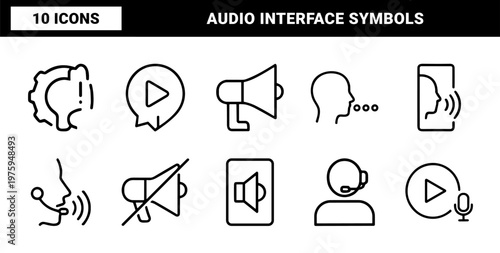 Minimalist voice control and audio communication line icon set