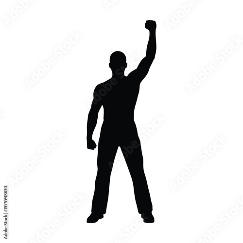 Silhouette of a man raising his fist in victory, strong pose, success and power concept, raised fist, black and white
