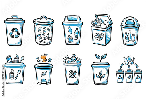 Hand Drawn Trash Sorting Icons – Recycling & Waste Separation Set