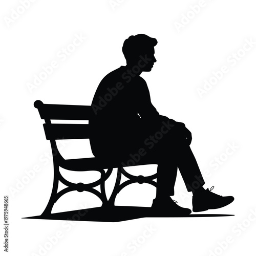 Silhouette of a man sitting on a park bench, looking into the distance, public space, white background, waiting room