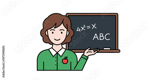 Cartoon teacher presenting mathematical equations and alphabet on blackboard