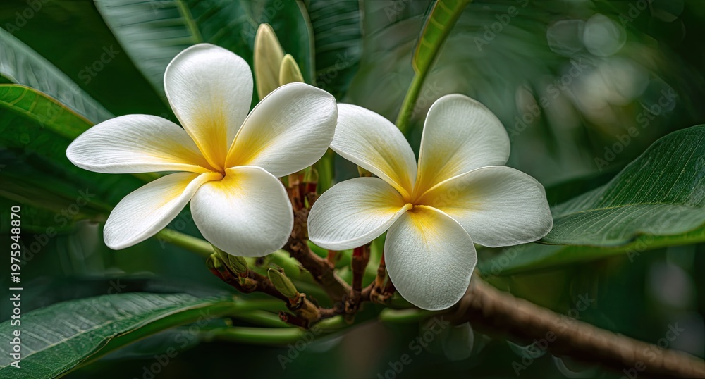 Fototapeta premium Two delicate white and yellow tropical flowers bloom on a branch