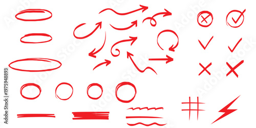 Line marker highlight, arrow, check mark red set. Line red marker hand drawn pen brush stroke underline check. Star oval sticker sign note scribble emphasis icon element. Vector illustration