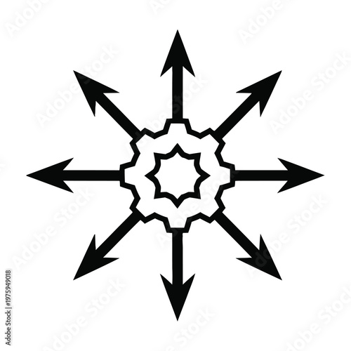 Eight arrows pointing outwards from a central starburst symbol