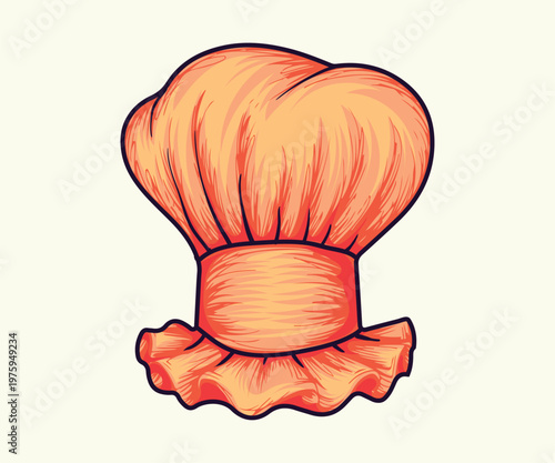 Orange chef hat illustration with ruffled brim and hand drawn texture isolated on background.