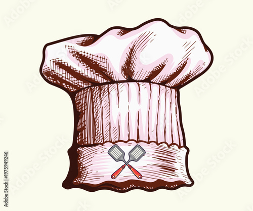 Classical white chef hat with crossed spatula emblem in engraved vintage style illustration.