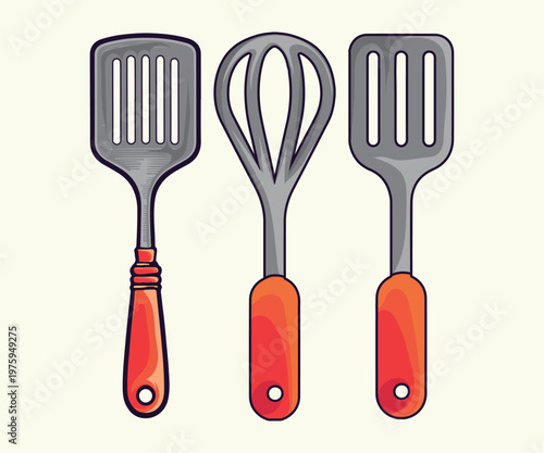 Set of kitchen utensils including spatulas and whisk with red handles isolated on background.