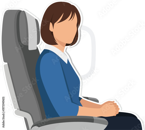 Commuter waits patiently in a modern airplane chair during a long haul travel.