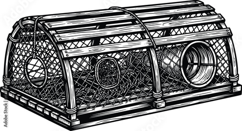 Traditional Wooden Fish Trap Hand Drawn Vintage Engraving Style Vector Illustration