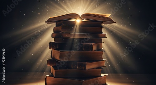 Stack of ancient books radiating glowing light, symbolizing knowledge, wisdom, and discovery.
