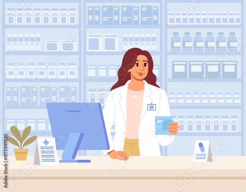 Pharmacist Woman Standing at Pharmacy Counter and Presenting Drugstore with Medicine. Flat Vector illustration.