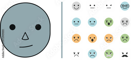 Vector set featuring a large, minimalist grey face with simple features alongside a grid of colorful, muted-tone emoji icons expressing various moods, including anger, surprise, and sadness.